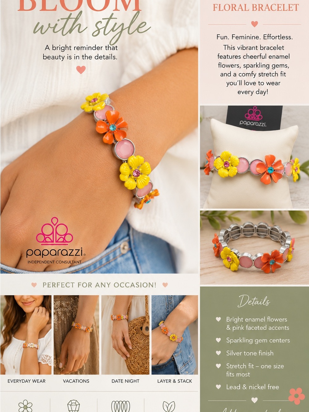 paparazzi Yellow & Orange Enamel Flower Bracelet with Pink Accents